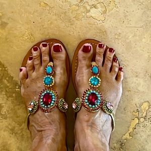 Mystique sparkly crystal sandals. Magnificent blues/greens, pinks/reds. Sz 9